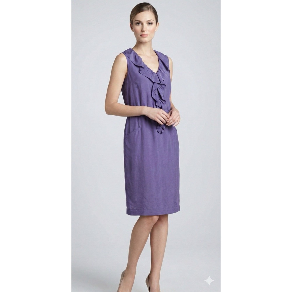 Elie Tahari Purple Ruffle Dress Sz 10 Viscose Sleeveless Pockets Lined Classic